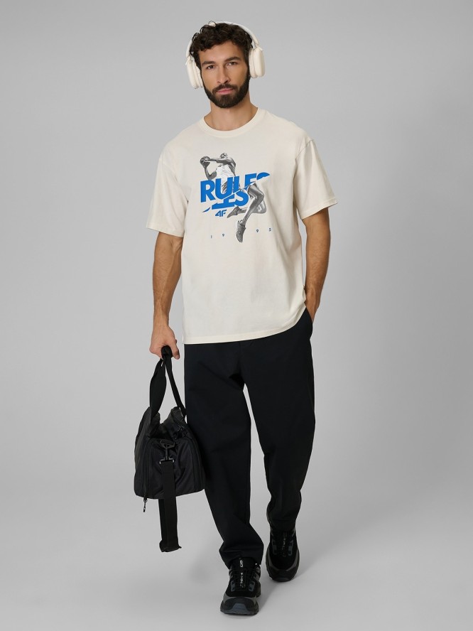 4F T-shirt loose z nadrukiem męski - beżowy S