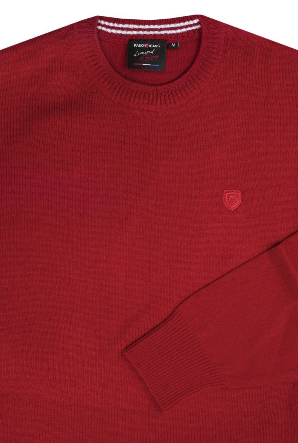 Klasyczny Wełniany Sweter, Okrągły Dekolt (U-Neck) - Pako Jeans - Czerwony