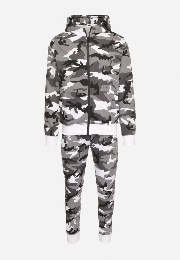 Szary Komplet Dresowy Moro Rozpinana Bluza z Kapturem Spodnie ze Ściągaczami Rotita