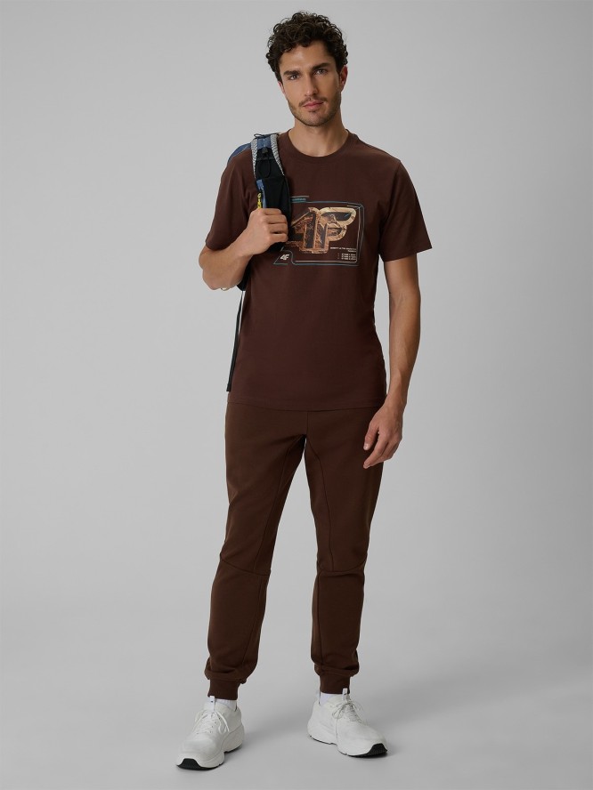 4F T-shirt regular z nadrukiem męski - brązowy M