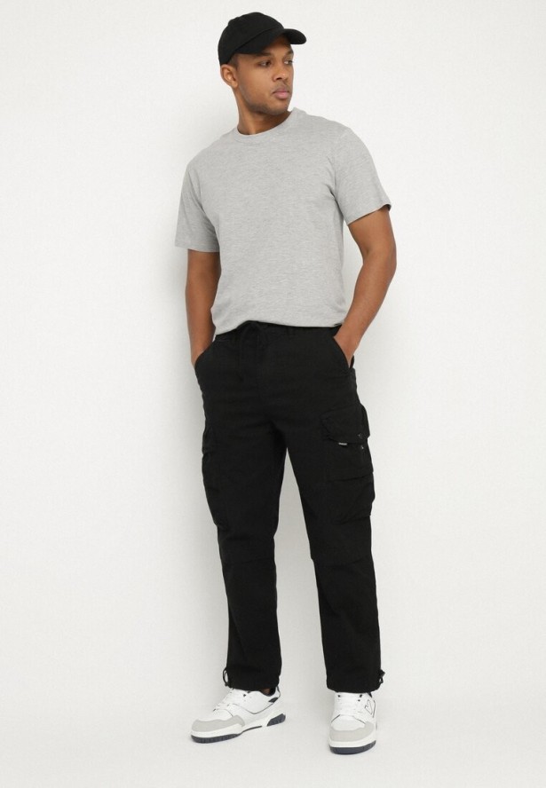 Czarne Bawełniane Spodnie Joggery z Kieszeniami z Klapami Lanathia