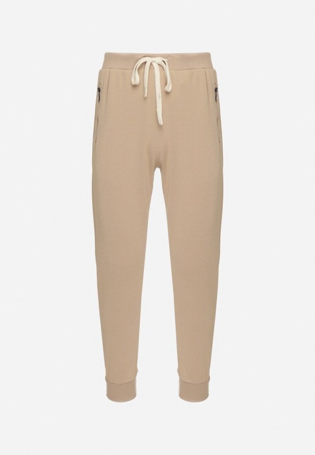 Ciemnobeżowe Spodnie Dresowe z Bawełną z Wysokim Stanem Arliera