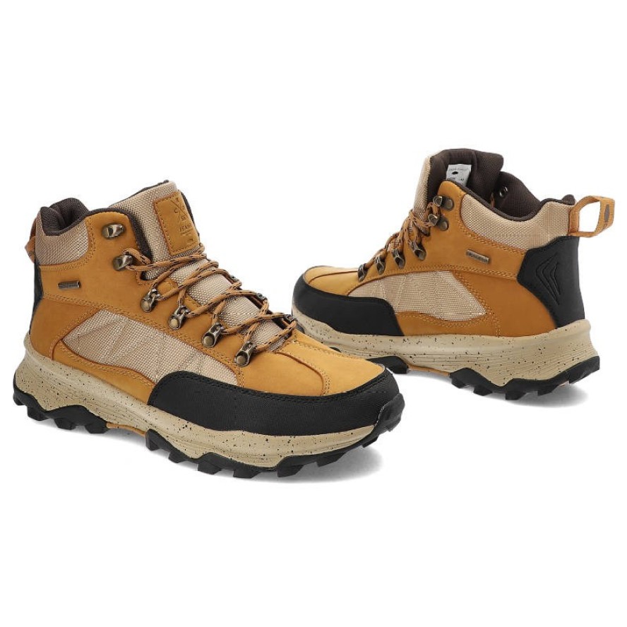 Trekkingi męskie Cross Jeans, ze skóry ekologicznej i tkaniny sznurowane z dodatkowym wzmocnieniem noska, camel, KK1R4020C