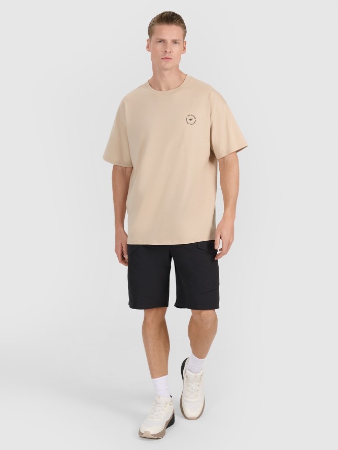 4F T-shirt oversize z nadrukiem męski - beżowy S