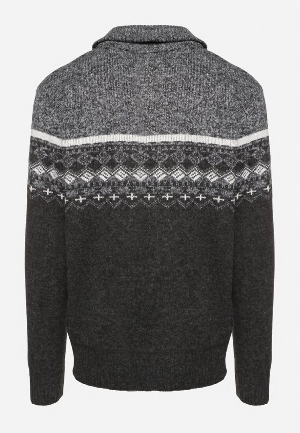 Ciemnoszary Rozpinany Kardigan z Wełną i Geometrycznym Wzorem Romalena