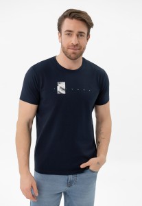 Granatowy t-shirt z printem, Comfort Fit, T-SPACER