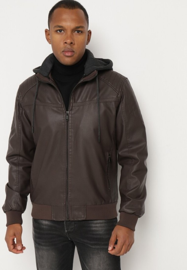 Brązowa Kurtka Ramoneska ze Ściągaczami i Odpinanym Kapturem Materiałowym Lozalina