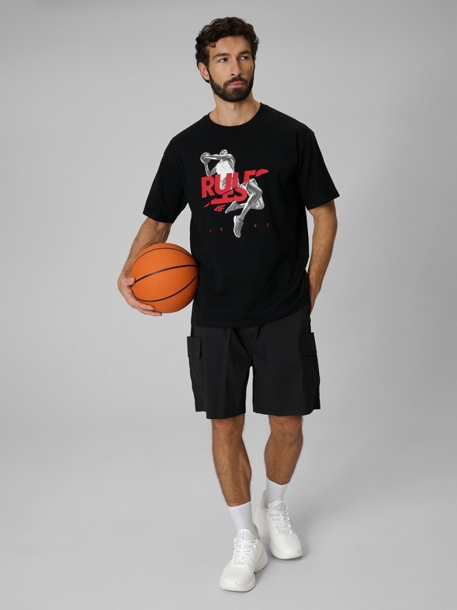 4F T-shirt loose z nadrukiem męski - czarny XL
