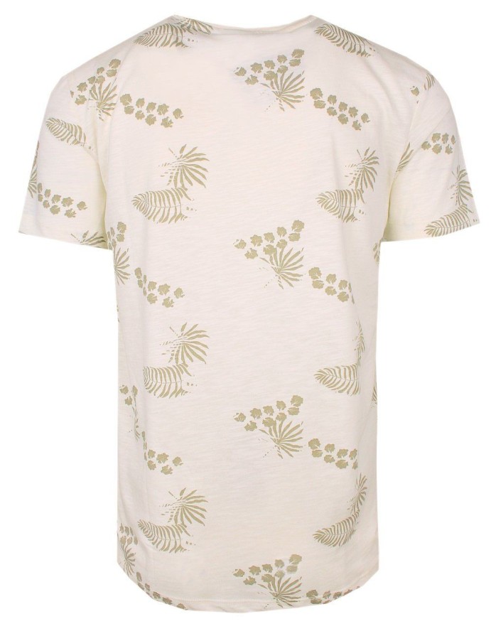 T-Shirt Beżowy z Nadrukiem w Listki, Męski, Koszulka, Krótki Rękaw, U-neck