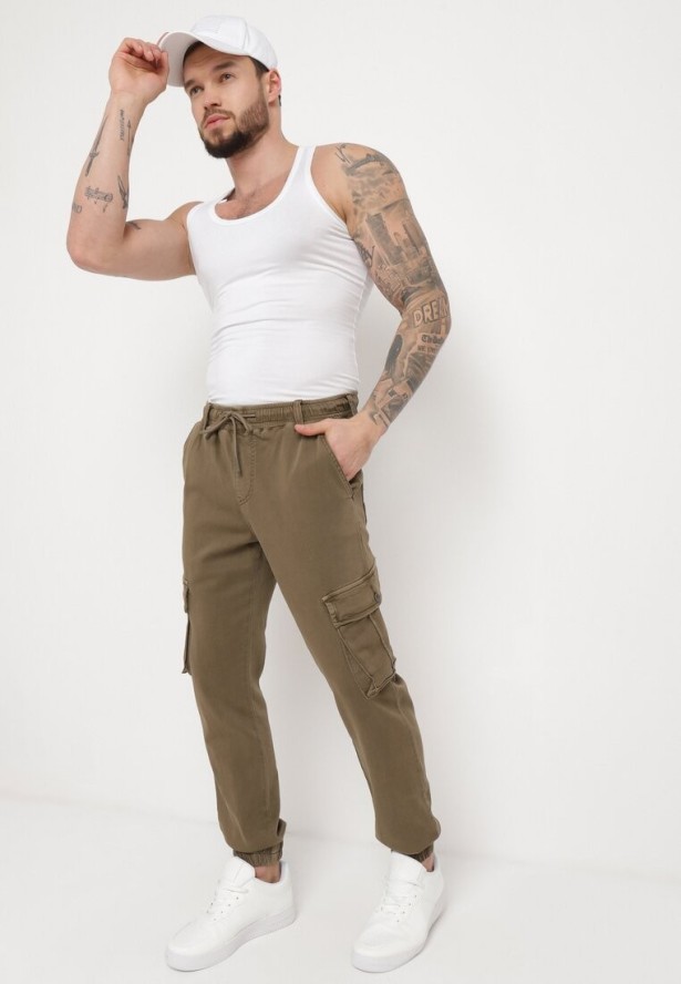 Brązowe Bawełniane Spodnie Bojówki Wiązane w Pasie Riyala