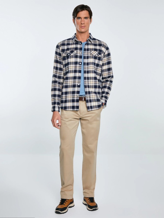 Koszula męska flanelowa w kratę beżowo-granatowa Kolisero 801