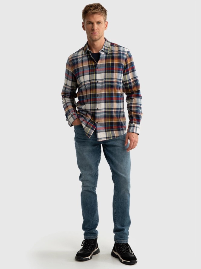 Koszula męska flanelowa w kratę beżowa Fileso 801