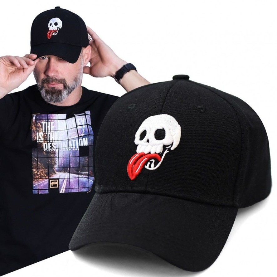 Czapka z Daszkiem, Czarna z Haftem Czaszka z Językiem, Bejsbolówka Bawełniana -PAKO JEANS