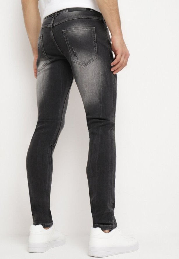 Ciemnoszare Dopasowane Jeansy z Efektem Sprania i Drobnymi Przetarciami Nodelara