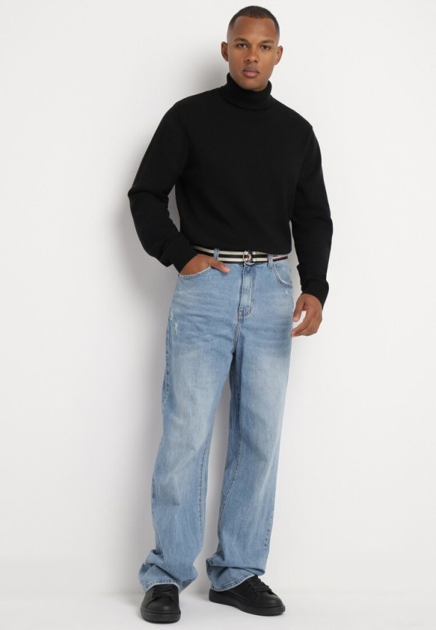 Niebieskie Szerokie Jeansy z Bawełny Ozdobione Paskiem Lerillis