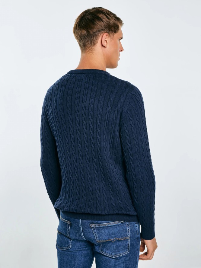 Sweter męski ze splotem warkoczowym granatowy Amaris 403