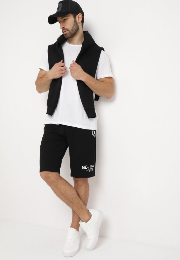 Czarne Szorty Sportowe z Ozdobnymi Wstawkami i Gumką w Pasie Strila