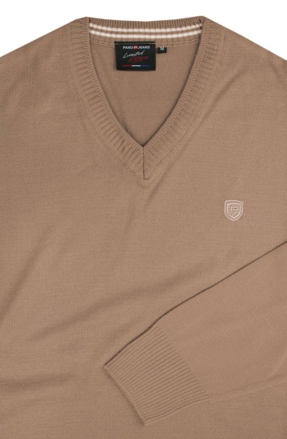Sweter Męski Wełniany - Dekolt w Serek - Pako Jeans - Beżowy