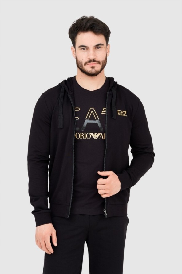 EA7 Męska czarna bluza z kapturem i złotym logo, Rozmiar M