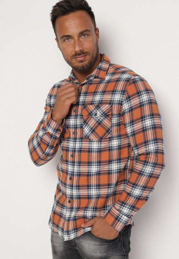 Pomarańczowa Bawełniana Koszula w Kratę z Kieszeniami i Guzikami Lajnii