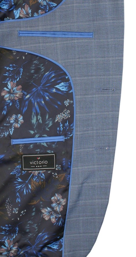 Garnitur, Jasny Niebieski w Kratkę Zapinany na Dwa Guziki, SLIM, Spodnie w Kant -VICTORIO