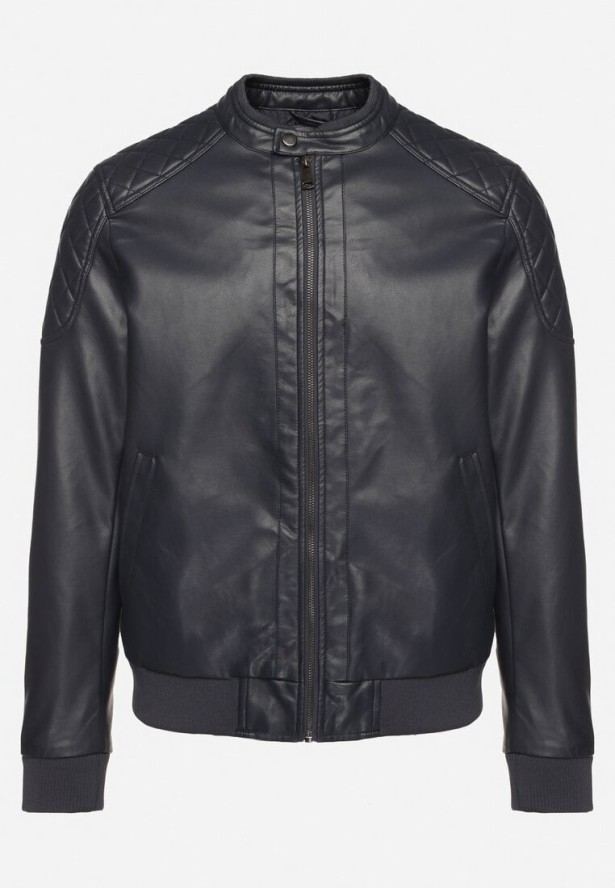 Granatowa Ramoneska Kurtka w Stylu Motocyklowym ze Stójką Tinina