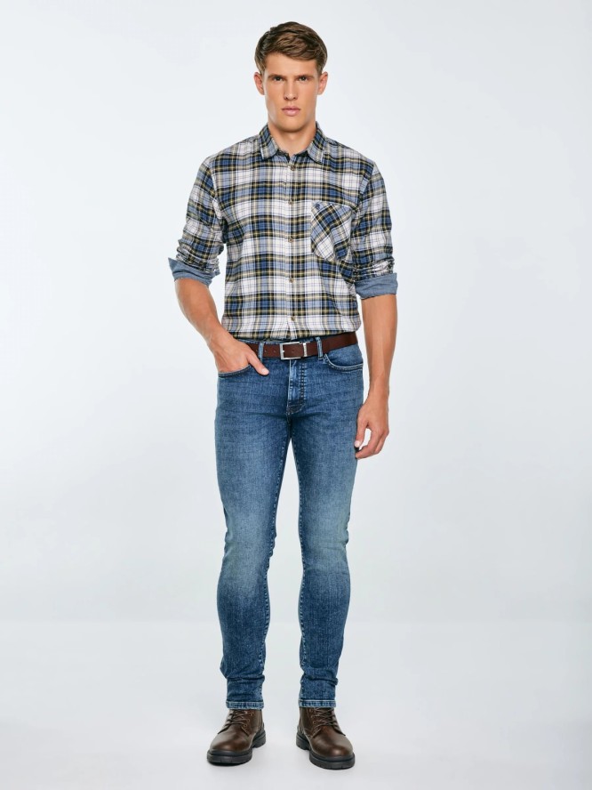 Koszula męska flanelowa w kratę niebiesko-beżowa Koner 401