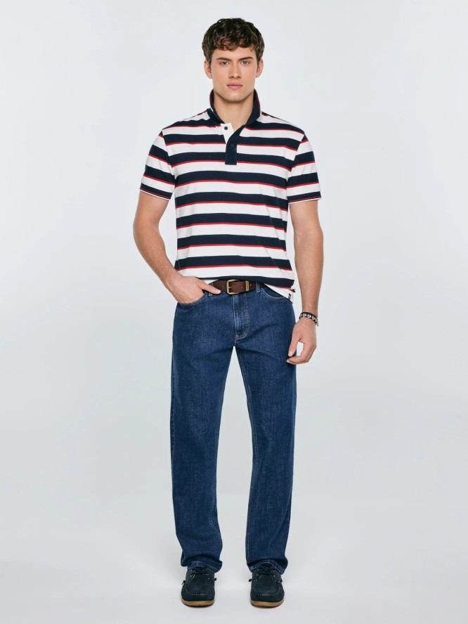 Koszulka męska polo w paski granatowo-biała Seulis 100