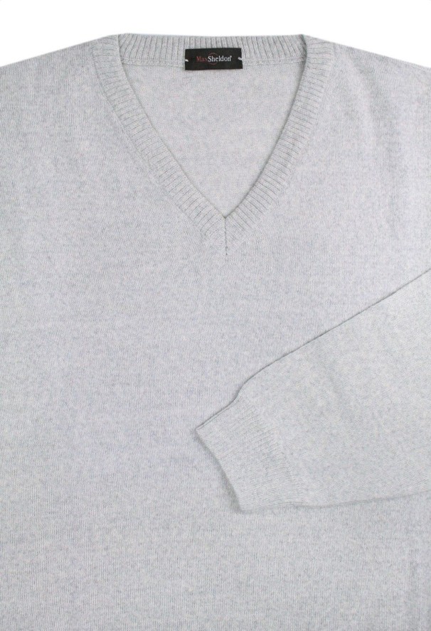 Męski Sweter Wełniany (V-neck) - Max Sheldon - Jasny Popiel