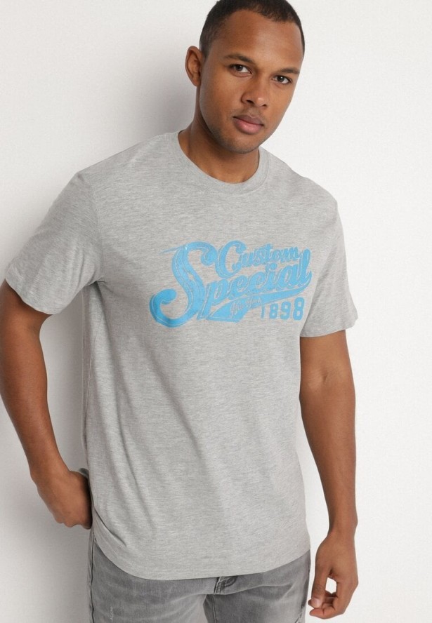 Jasnoszara Bawełniana Koszulka z Nadrukiem z Napisem Mepize