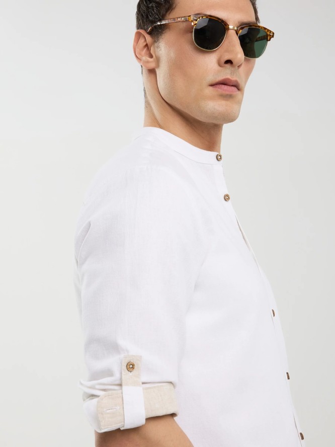 Lniana koszula męska na stójce biała Janew 101