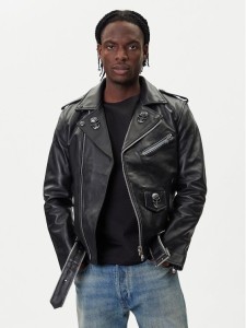 NEW ROCK Kurtka skórzana W-NRLMJ076-S1 Czarny Regular Fit
