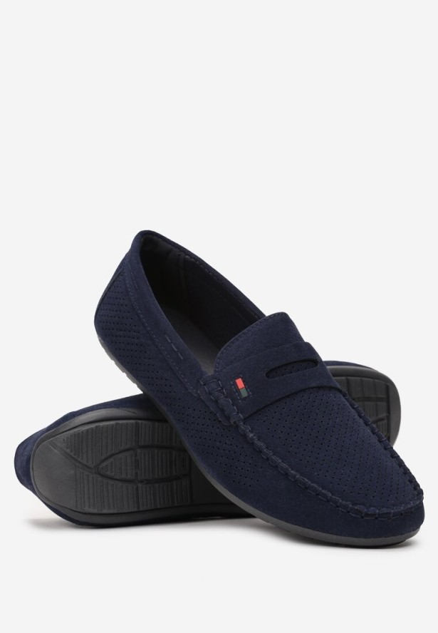 Granatowe Półbuty Mokasyny z Perforacją i Wkładką ze Skóry Naturalnej Harene