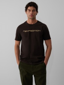4F T-shirt regular z nadrukiem męski - brązowy XL