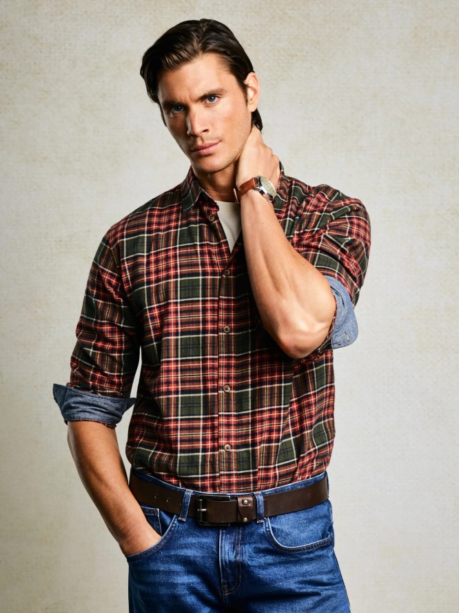 Koszula męska flanelowa w kratę bordowo-khaki Koner 303