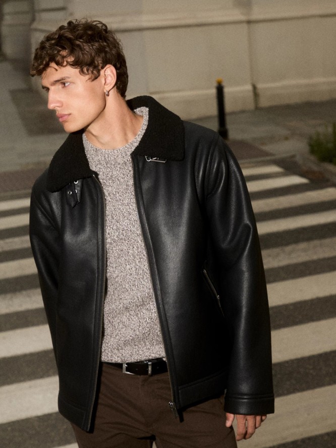 Kurtka męska pilotka z kołnierzem ze skóry ekologicznej czarna Nimo 906