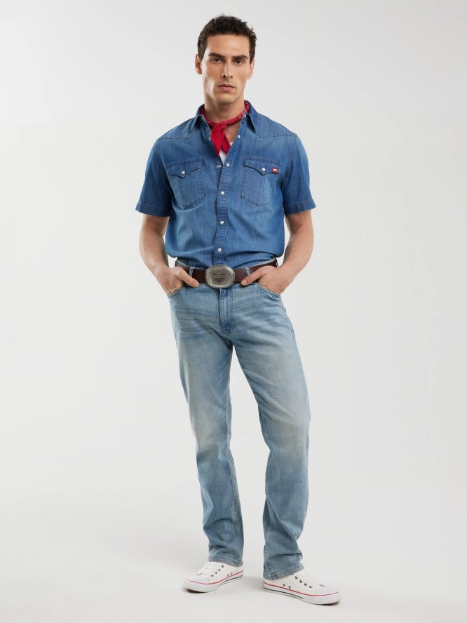 Koszula męska jeansowa z krótkim rękawem niebieska Short Sleeve Western 377