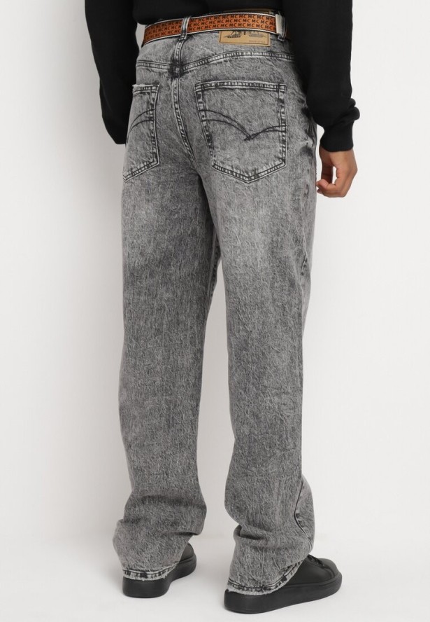 Szare Bawełniane Jeansy Szerokie z Paskiem Lerilise