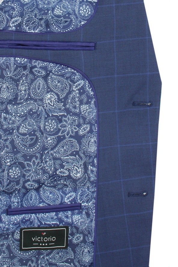 Elegancki Męski Garnitur - Victorio - Granatowy w Kratę