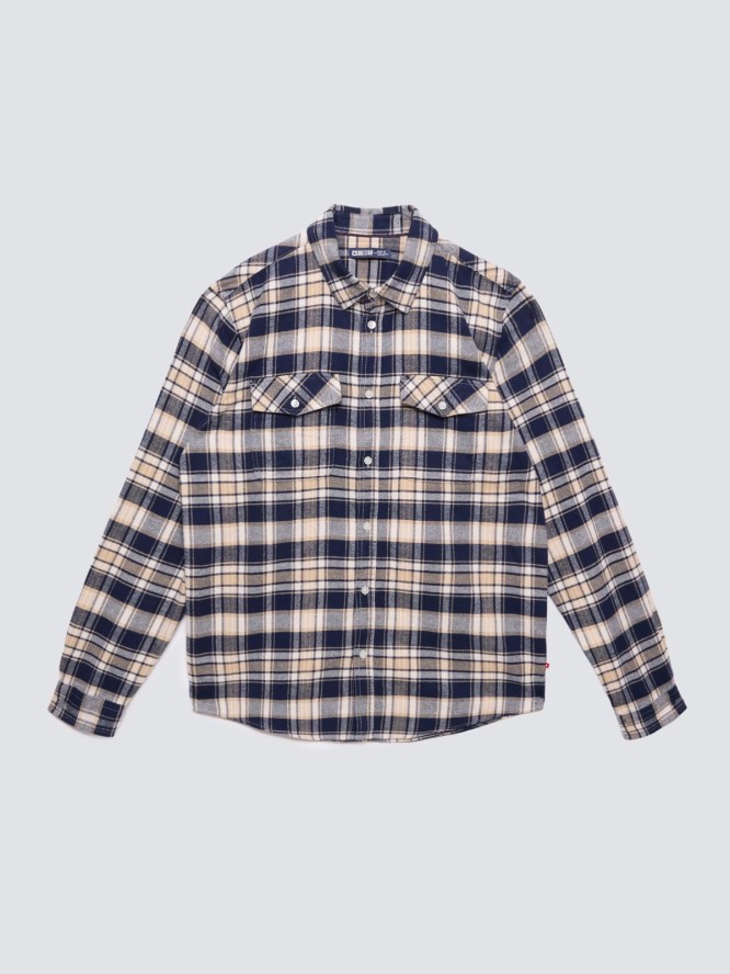 Koszula męska flanelowa w kratę beżowo-granatowa Kolisero 801