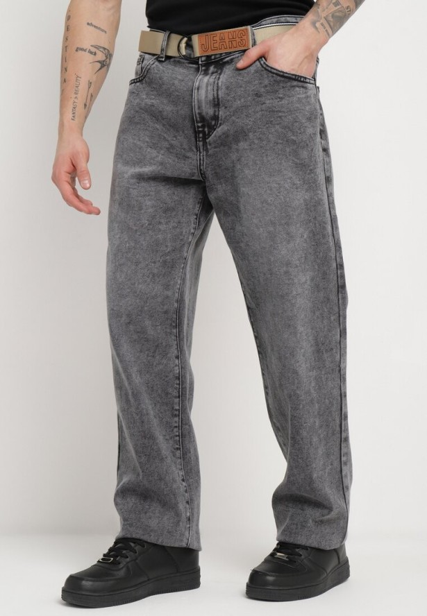 Szare Jeansy o Fasonie Regular z Paskiem z Klamrą Adropea