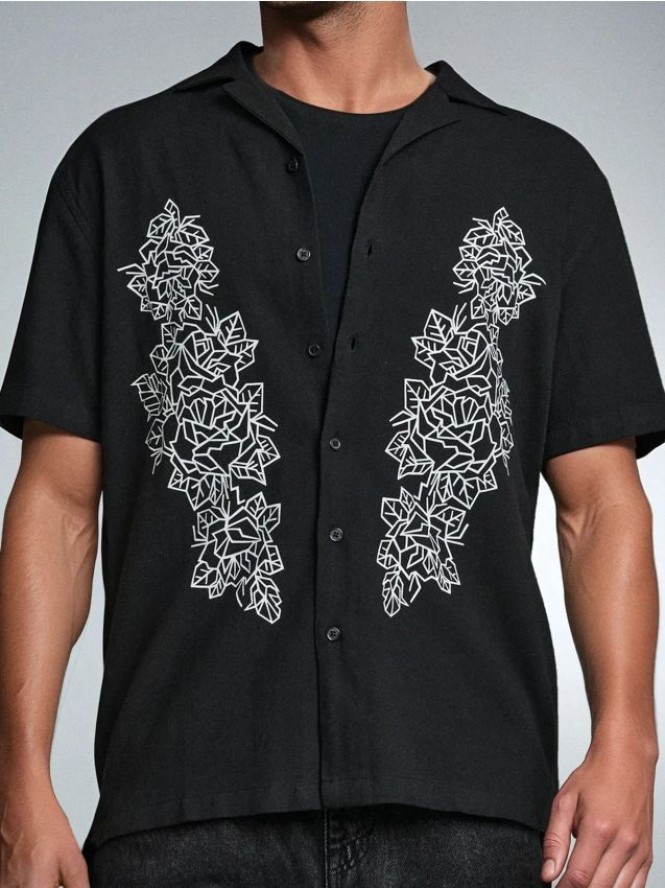 Koszula z wiskozy z roślinnym wzorem - czarny