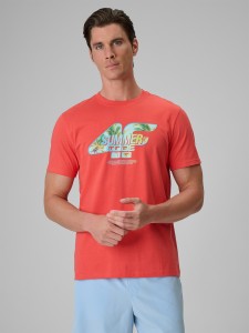 4F T-shirt regular z nadrukiem męski - koralowy XL
