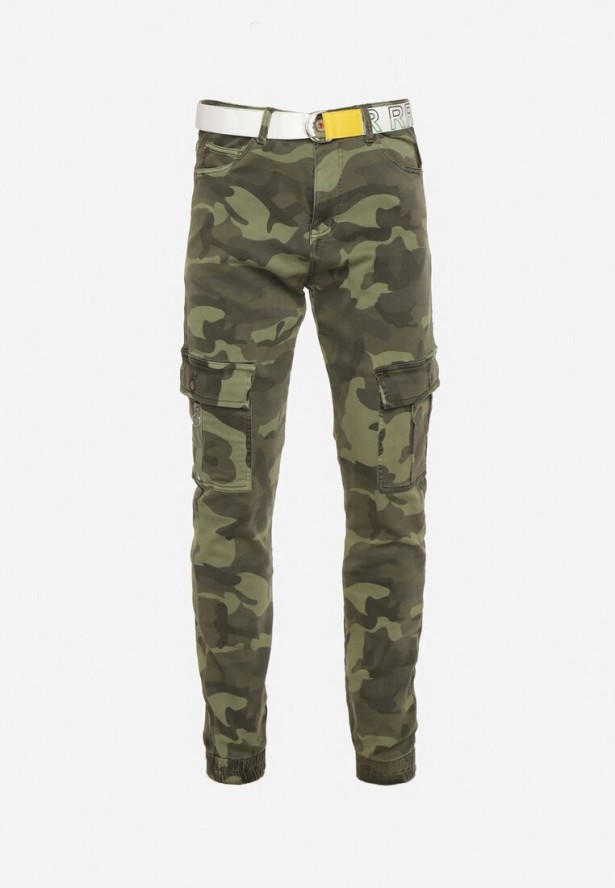 Ciemnozielone Spodnie Bojówki z Naszytymi Kieszeniami i Paskiem Siavera