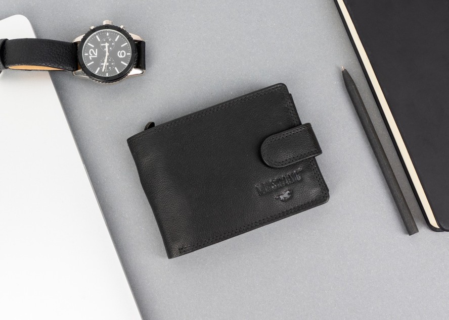 MUSTANG DENIMO WALLET MĘSKI PORTFEL SKÓRZANY POJEMNY NA KARTY PREMIUM BLACK RFID