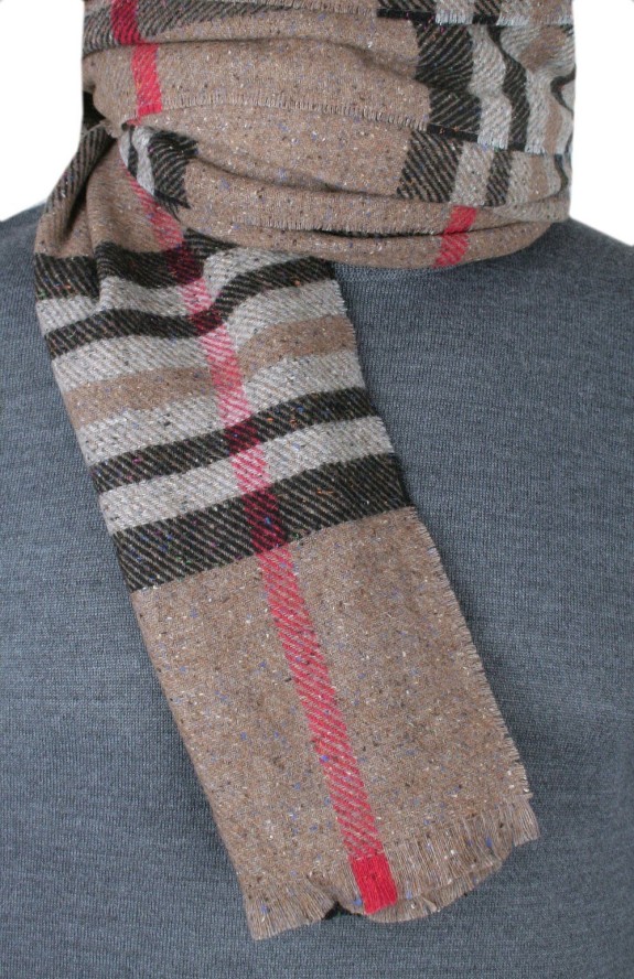 Męski Szalik z Wełną i Jedwabiem - V. Fraas - Beżowy w Kratę