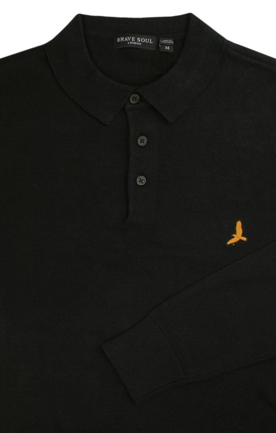 Dzianinowy Lekki Sweter w Stylu Longsleeve Polo – Brave Soul - Czarny