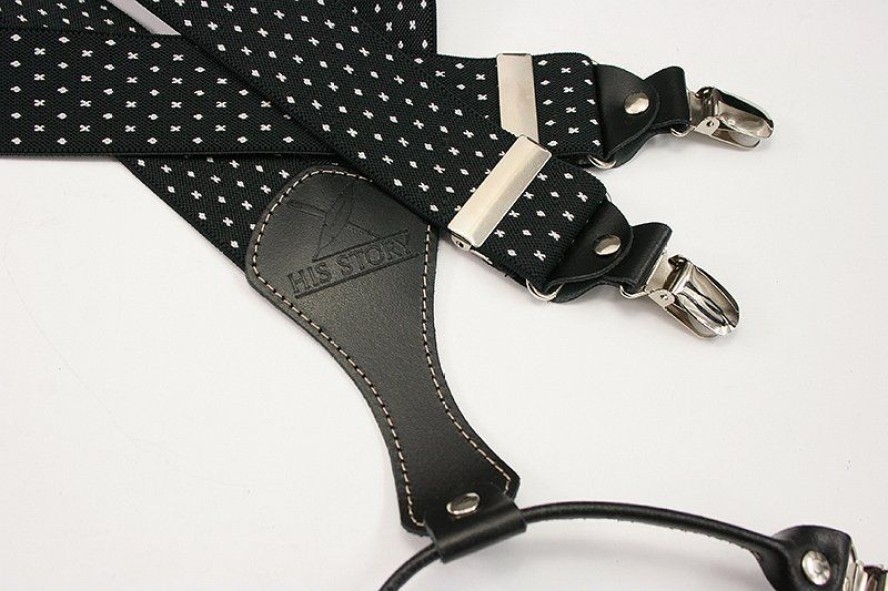 Czarno-Białe Szerokie Szelki Męskie, Skóra Naturalna -HIS STORY- Stylowe, w Drobny Wzór