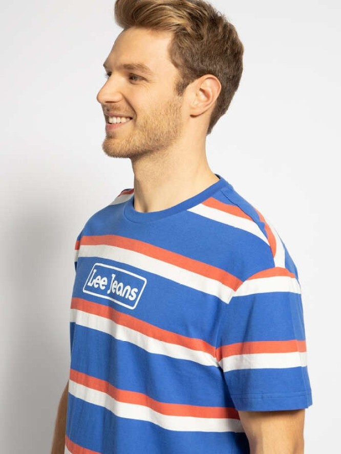 LEE SEASONAL STRIPE LOGO MĘSKI T-SHIRT RELAXED FIT SUMMER BLUE L61FBSNJ 112113836
