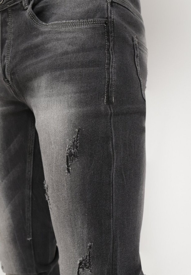 Ciemnoszare Dopasowane Jeansy z Efektem Sprania i Drobnymi Przetarciami Nodelara